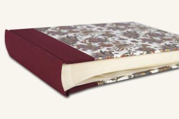 Preview: Photo album to design yourself, lying, burgundy linen spine, Florentine paper with gold